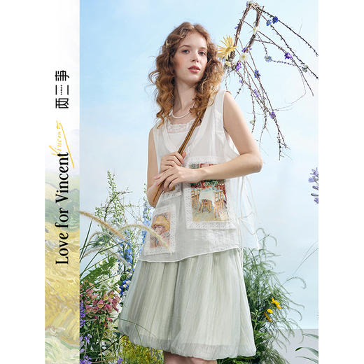 两三事梵高文艺 快乐冒泡 2025夏季新款印花贴布绣蕾丝拼接背心女 商品图0