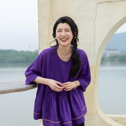 绽放女装331朵/【海街日记】高支苎麻塔克捏褶拼撞色花边中袖衬衫 商品图1