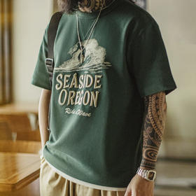 马登工装美式复古立体刺绣T恤数码印花螺纹领口绿色短袖男士夏季