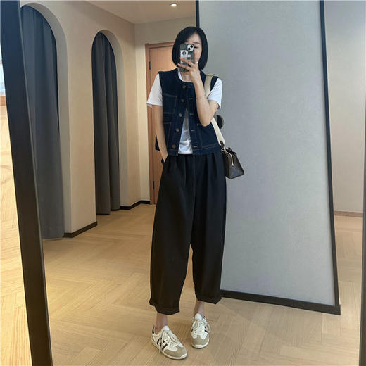 雀说春不晚时髦率性复古深蓝圆领短款牛仔马甲叠穿百搭无袖背心外套女AL8391 商品图1