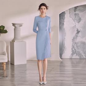 IWY/气质时尚连衣裙设计感七分袖显瘦收腰蓝色西装裙美容院前台工作服Q1283