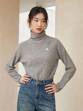 米色高领针织衫女 竖纹肌理感 秋冬内搭保暖修身长袖打底毛衣