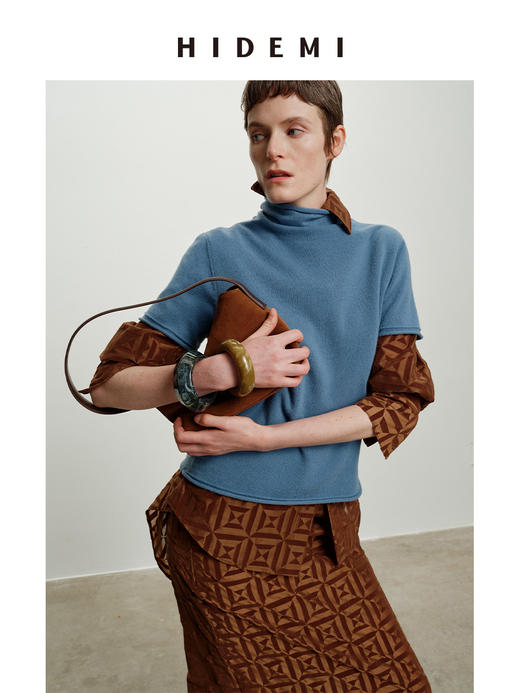 HIDEMI 进口澳洲美丽奴羊毛全毛堆堆领短袖针织毛衣叠穿神器 商品图0