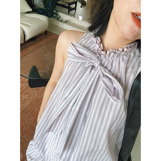 HeyDress条纹飘带衬衫女夏季法式浪漫显瘦荷叶边衬衣别致无袖上衣 商品图1