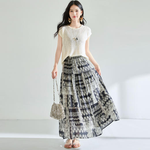 「高货sh」全新升级【铂金会员183/天猫239/差价56】(41331)洛诗琳夏季波西米亚印花拼接松紧腰A字显瘦大摆碎花半身裙 商品图3