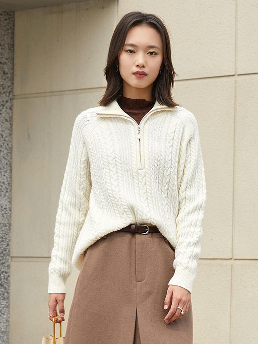奶白色半拉链高领绞花针织毛衣 宽松慵懒坑条纹理显瘦保暖秋冬通勤温柔气质套头上衣 商品图0