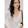 HeyDress醋酸缎面白衬衫女法式复古蕾丝V领宫廷设计感泡泡袖上衣 商品缩略图0