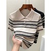 雀说莱赛尔天丝polo半开纽扣领短袖条纹冰丝针织衫法式正肩上衣AL1223 商品缩略图1