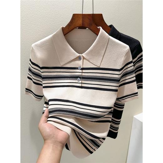 雀说莱赛尔天丝polo半开纽扣领短袖条纹冰丝针织衫法式正肩上衣AL1223 商品图1