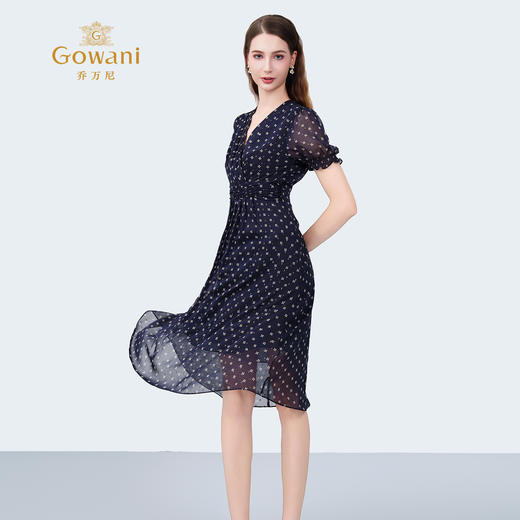 乔万尼2025夏季新品100%真丝V领法式印花收腰茶歇连衣裙ED2E402 商品图1