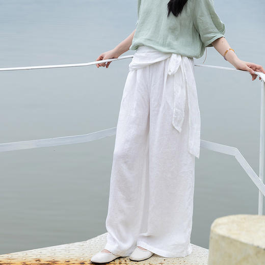 绽放326朵/【海街日记】亚麻可拆卸腰封侧拉链半腰松紧宽松直筒裤 商品图1