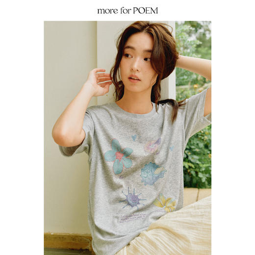 【秒杀不支持退换】moreforPOEM 25/SS 花卉海螺手绘印花休闲贝壳假日风百搭短袖T恤 商品图3