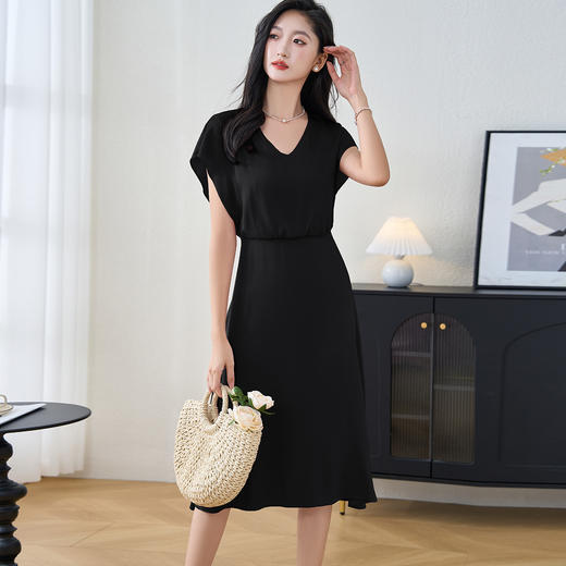 剩S/L/XL/M/XXL 米思阳2025夏季新款高端弹力双乔短袖连衣裙气质桑蚕丝A字裙3273 商品图6