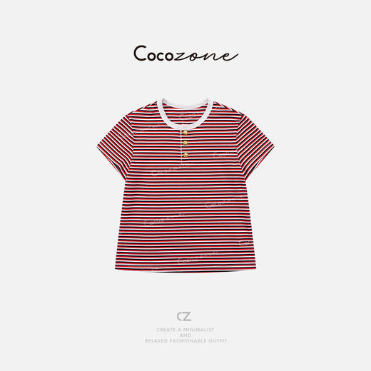 COCO ZONE 刘一一“凯旋T”100棉圆领撞色条纹短袖T恤CD1A1024 商品图3