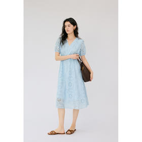 HeyDress马德拉刺绣连衣裙女夏季法式V领收腰镂空度假风纯棉裙子