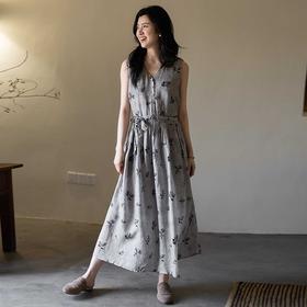 绽放328朵【海街日记】80支纯棉可调节肩带长款V领大摆吊带连衣裙