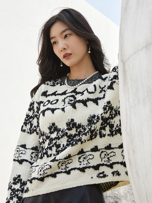 复古黑白撞色卡通提花针织毛衣 圆领宽松休闲趣味字母图案秋冬潮酷个性套头上衣 商品图1