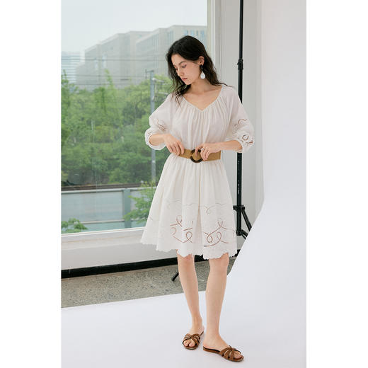 HeyDress白色刺绣连衣裙女夏季法式收腰重工马德拉绣花浪漫度假裙 商品图0