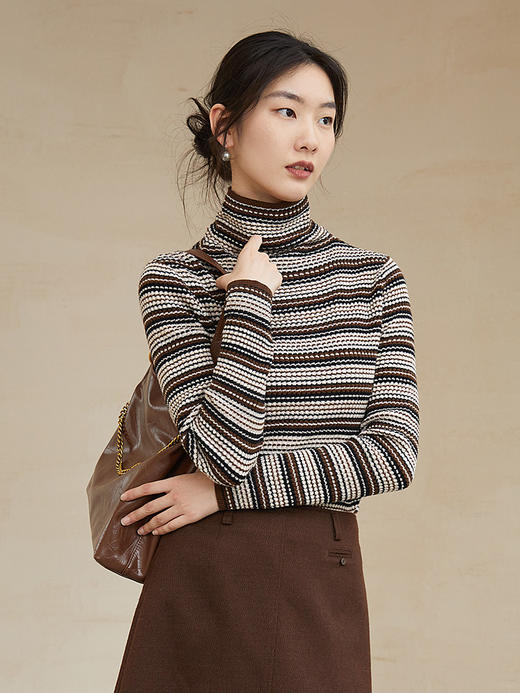 秋冬新款堆堆领条纹羊毛打底毛衣 软糯亲肤 多色条纹百搭显瘦长袖针织衫 商品图0