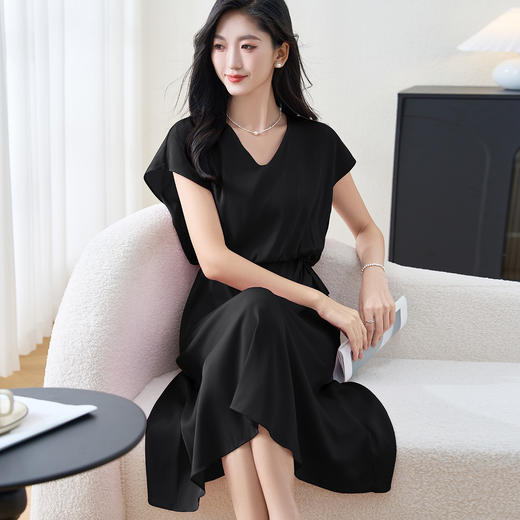 剩S/L/XL/M/XXL 米思阳2025夏季新款高端弹力双乔短袖连衣裙气质桑蚕丝A字裙3273 商品图2