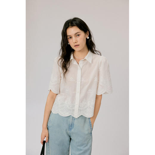 HeyDress法式镂空刺绣衬衫女夏季复古宽松设计感气质花边纯棉小衫 商品图3