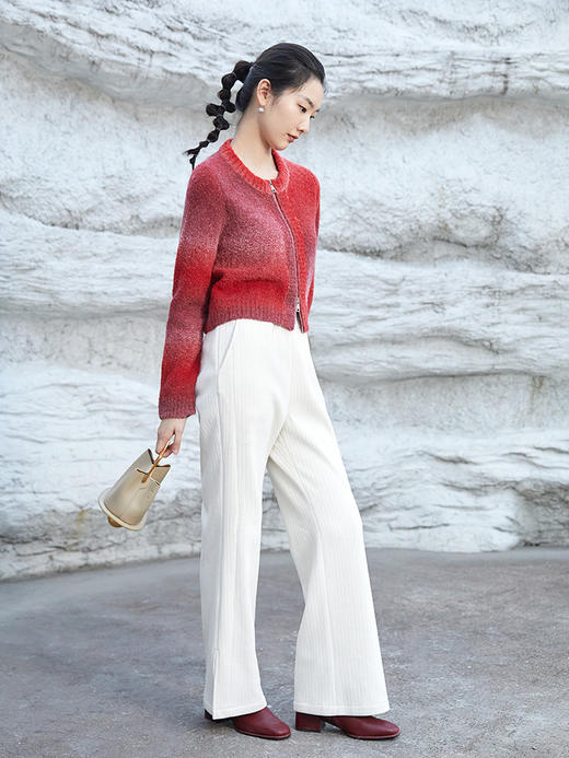 2025 秋冬酒红渐变全拉链针织开衫女 毛绒感短款圆领外套 复古氛围感休闲通勤修身显瘦上衣 商品图1