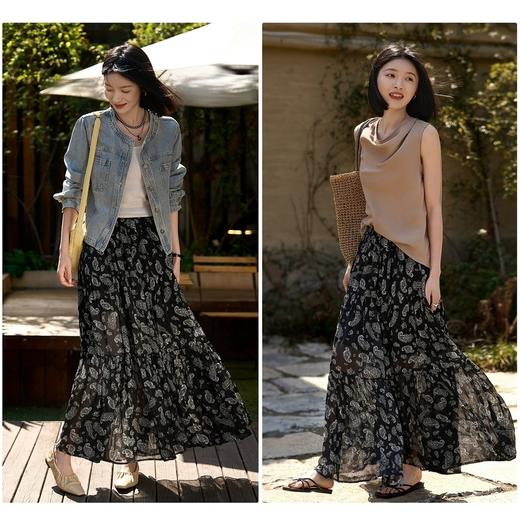 复古腰果花印花半身裙法式大气飘逸碎花长裙A字裙 商品图0