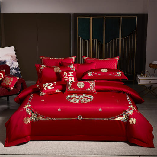 自然醒160支长绒棉提花唯美复古中式刺绣轻奢系列婚庆款多件套婚房被套床品GDS 商品图13