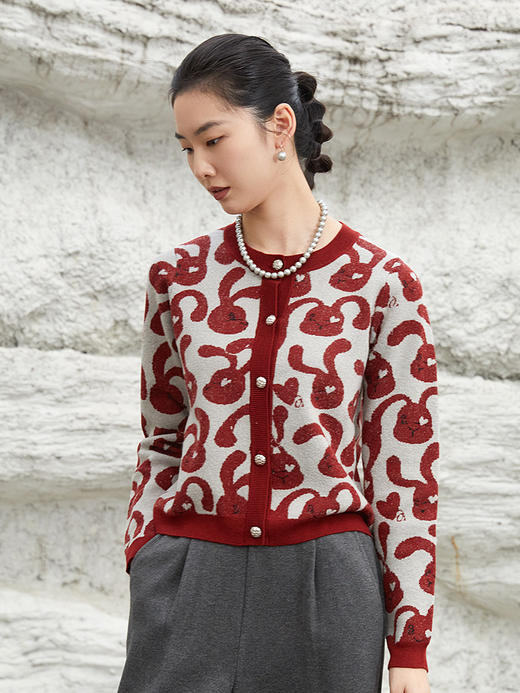 复古风红白撞色花纹针织开衫女 精致纽扣设计百搭上衣 商品图0