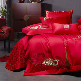 自然醒160支长绒棉提花唯美复古中式刺绣轻奢系列婚庆款多件套婚房被套床品GDS