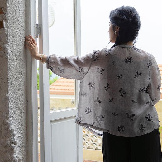 绽放旅行女装346朵/原创印花苎麻天丝正常肩七分袖开襟衬衫女开衫 商品图2