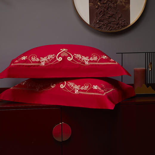 自然醒100支长绒棉轻奢婚庆四件套多件套床裙系列大红纯棉被套床盖床裙结婚简约床品GDS 商品图8