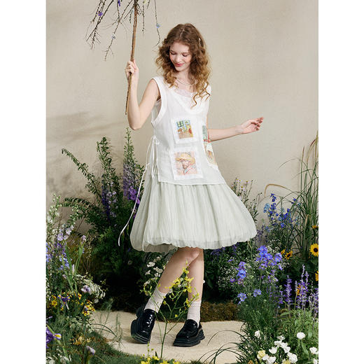 两三事梵高文艺 泡泡宇宙 2025夏季新款透视褶皱欧根纱拼皮半身裙 商品图2