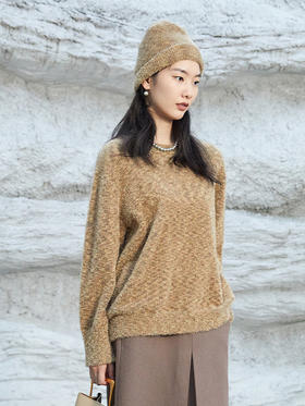 秋冬金葱混纺燕麦色圆领宽松毛衣 慵懒风肌理感亮丝针织套头上衣