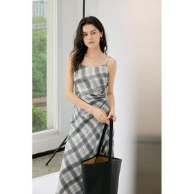 HeyDress格纹醋酸吊带连衣裙女夏季法式收腰显瘦抽褶设计感裙子