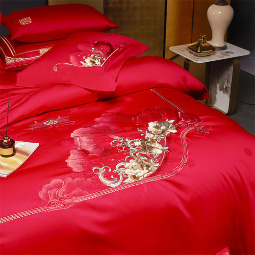 自然醒160支长绒棉提花唯美复古中式刺绣轻奢系列婚庆款多件套婚房被套床品GDS 商品图4