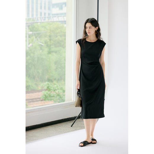 HeyDress法式连衣裙女夏季圆领收腰显瘦设计感宽肩袖通勤小黑裙子 商品图2