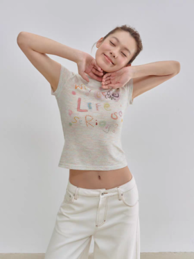 Evistub/E-5XDX458/花纱彩绘印花正肩T恤女夏