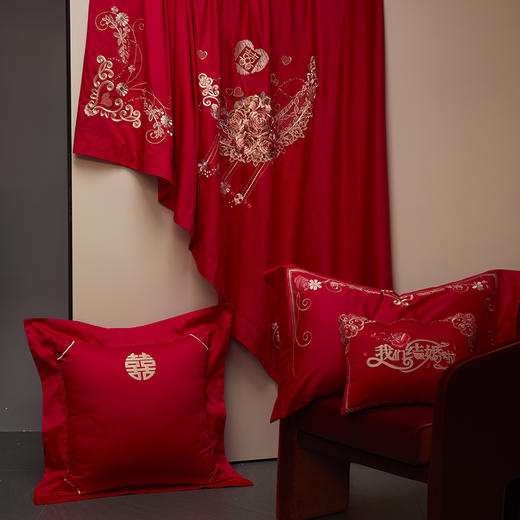 自然醒100支长绒棉轻奢婚庆四件套多件套床裙系列大红纯棉被套床盖床裙结婚简约床品GDS 商品图6