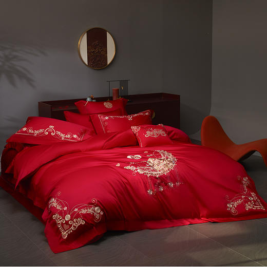 自然醒100支长绒棉轻奢婚庆四件套多件套床裙系列大红纯棉被套床盖床裙结婚简约床品GDS 商品图1