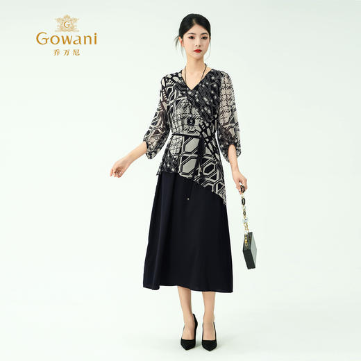 乔万尼新款2025经典黑白波普假两件收腰飘逸100%真丝连衣裙ED2E553 商品图2