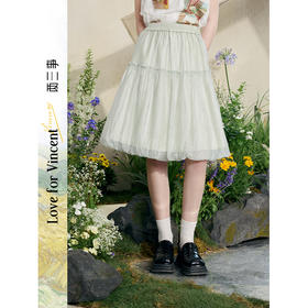 两三事梵高文艺 泡泡宇宙 2025夏季新款透视褶皱欧根纱拼皮半身裙