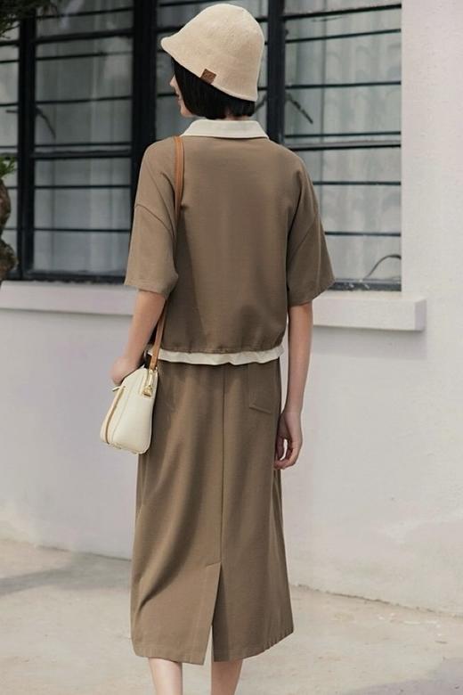 WHO KNOWS 咖色休闲百搭撞色上衣半裙套装 20648 商品图2