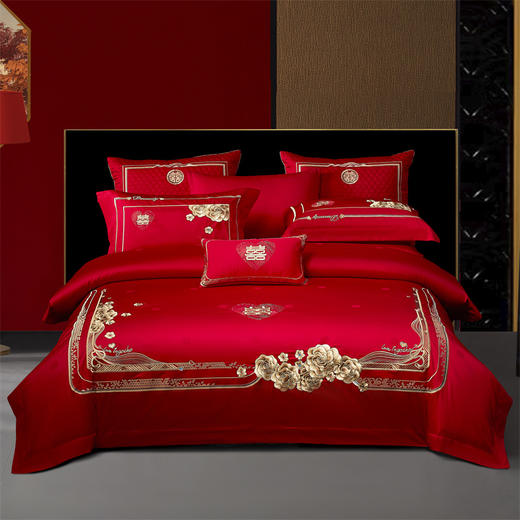 自然醒160支长绒棉提花唯美复古中式刺绣轻奢系列婚庆款多件套婚房被套床品GDS 商品图12