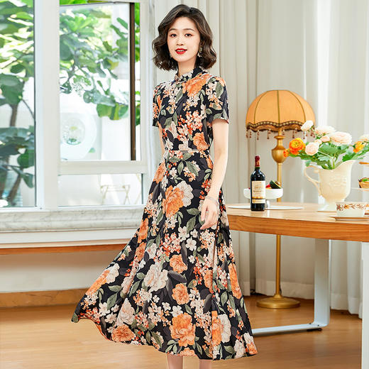 「自」全新升级【铂金会员220/天猫299/差价79】(13837)洛诗琳气质乔其纱印花连衣裙2025夏季国风改良旗袍连衣裙 商品图0