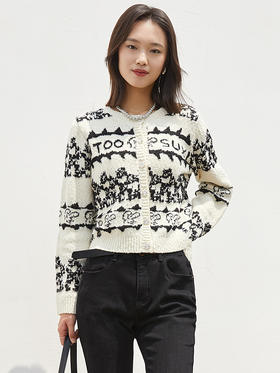 秋冬叠穿氛围感 黑白撞色字母卡通提花圆领开衫 水钻纽扣短款毛绒肌理针织外套