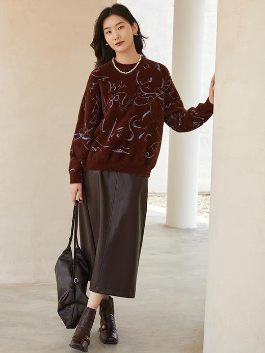 潮趣氛围感 深棕色毛绒质感圆领毛衣 手绘风字母卡通涂鸦满印设计休闲针织衫 商品图1