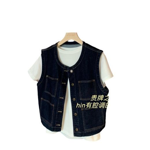 雀说春不晚时髦率性复古深蓝圆领短款牛仔马甲叠穿百搭无袖背心外套女AL8391 商品图4