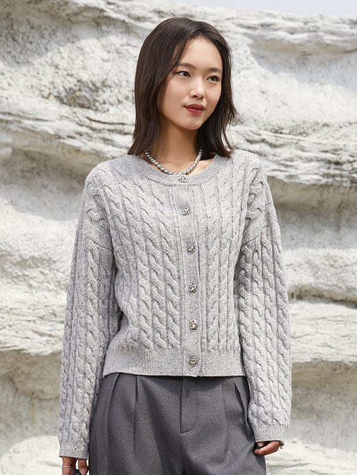 浅灰色圆领麻花针织开衫 秋冬复古短款单排扣长袖毛衣外套 商品图0