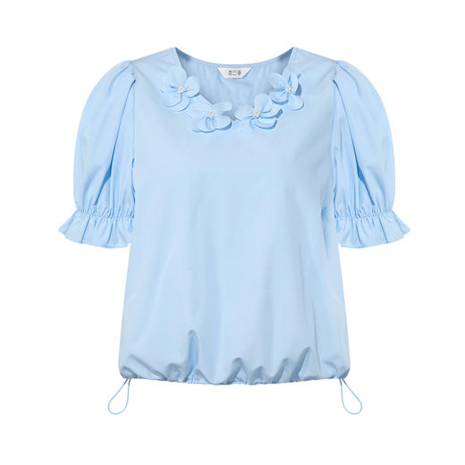 两三事 花雨倾落 2025夏季新款甜美立体花朵抽绳下摆泡泡袖衬衫女 商品图4